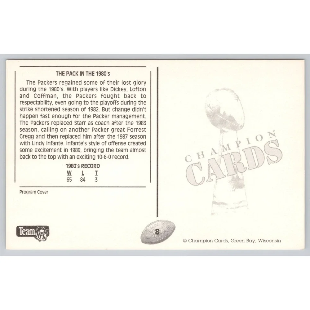 Champion Cards The 1980s Green Bay Packers NFL Football Card 1989 WI Postcard‎